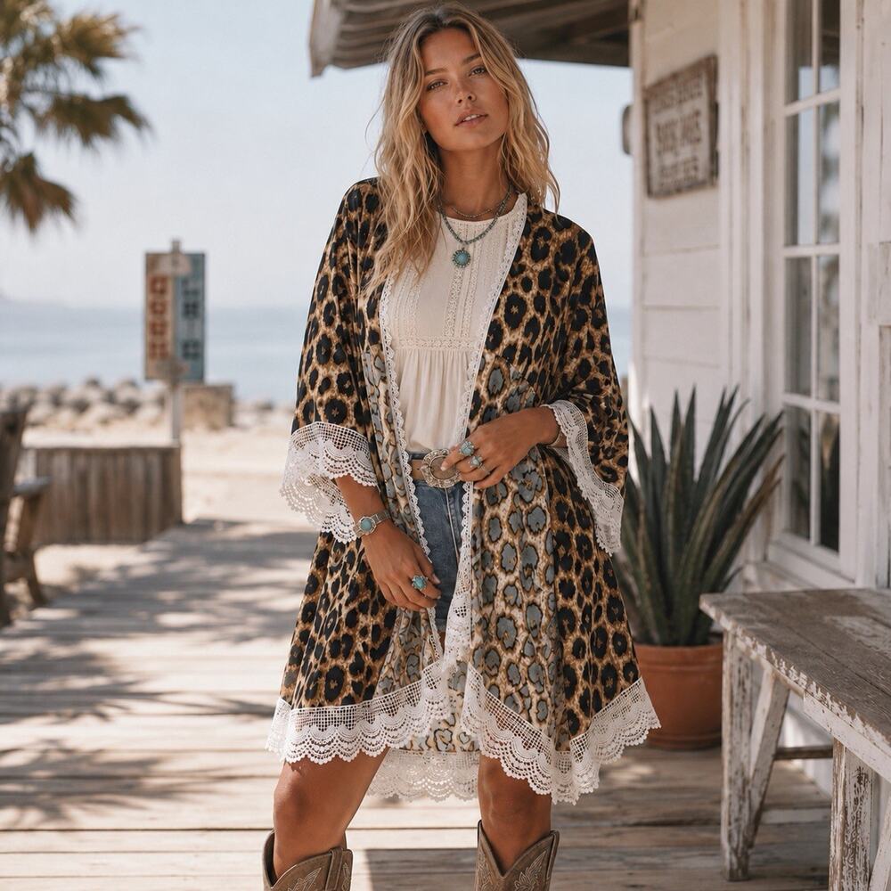 Grace & Emma Leopard Print Kimono Cardigan Womens Lace Trim Boho Open Front